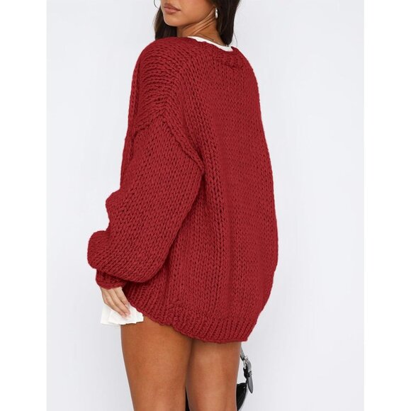 Womens Trendy Cardigan Sweaters Jujube Red Long Sleeve Chunky Knit Outfits - Picture 2 of 8